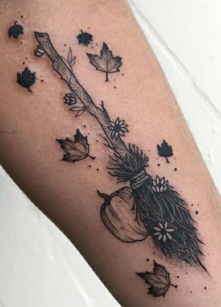 Witches Broom Tattoo, Witch Broom Tattoo, Bat Tats, Broom Tattoo, Witchy Tattoos, Cast A Love Spell, Pumpkin Tattoo, Tribute Tattoos, Autumn Tattoo