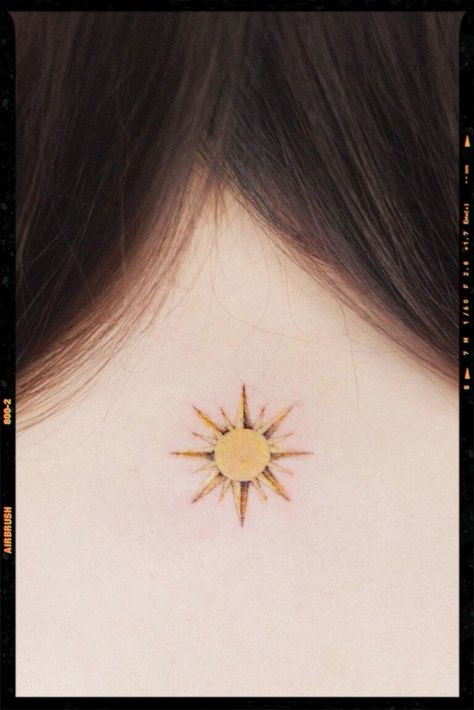 TATTOOS Colored Sun Tattoo, Sun Tattoo Color, Yellow Tattoo Ink, Colorful Tattoo Ideas, Tattoo Bunt, Tattoo Sizes, Yellow Tattoo, Small Colorful Tattoos, Black And Gray Tattoos