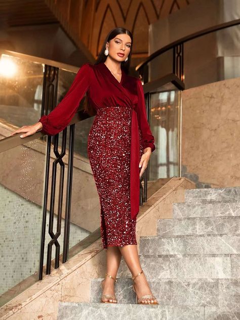 SHEIN Modely Shawl Collar Lantern Sleeve Knot Side Contrast Sequin Dress | SHEIN EUR Brown Strapless Dress, Leg Of Mutton Sleeve, Split Hem Dress, Business Formal Dress, Asymmetrical Hem Dress, Twisted Dress, Formal Dresses Gowns, Solid Color Dress, Bustier Dress