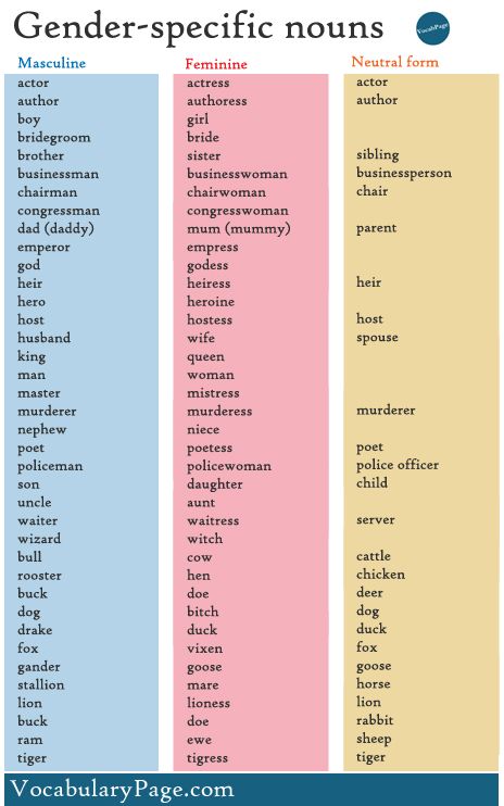 Gender-specific nouns Genders List, Gender In English, Masculine And Feminine Gender, Gender Of Animals, Gender Of Nouns, Animals List, English Grammar Tenses, English Grammar For Kids, Grammar For Kids