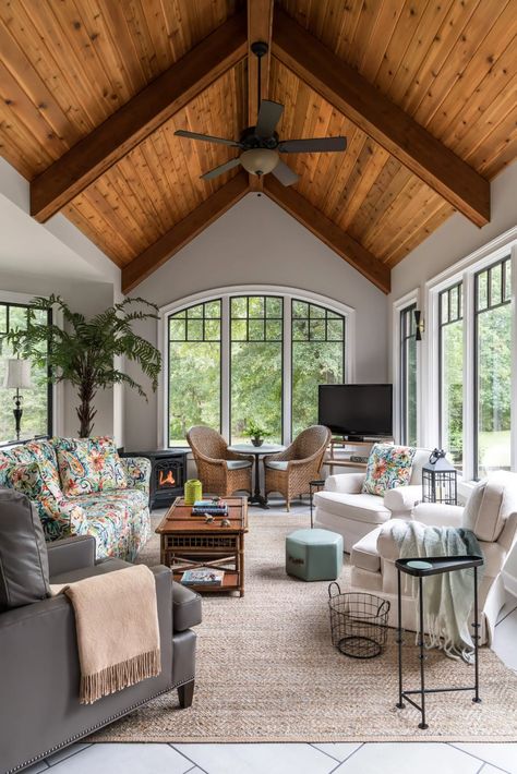 Large Sunroom Layout, Sunroom With Bar, Cozy Sunrooms, Sunroom Ideas Modern, Sunroom Aesthetic, Sunroom Gym, Windows Sunroom, Sunroom Office Ideas, Add A Sunroom