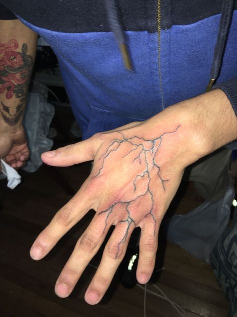 Lightning Knee Tattoo, Lightning Tattoo On Hand, Lightning Bolt Tattoo On Hand, Finger Lightning Tattoo, Hand Lightning Tattoo, Lightning Hand Tattoo, Blitz Tattoo, Simple Hand Tattoos, Word Tattoo Ideas