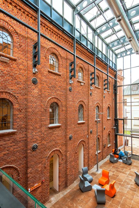 PRESERVATION OF XIX CENTURY FACTORY IN ŁÓDŹ on Behance Rooftop Addition, Factory Windows, Converted Factory, Factory Architecture, Renovation Architecture, Modern Factory, Building Aesthetic, Historic Renovation, Industrial Architecture