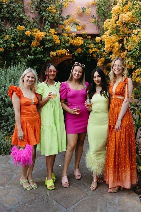 Neon Dress Outfit, Neon Party Dresses, Neon Pink Prom Dress, Festive Wedding Attire, Embroidered Floral Wedding Dress, Palm Springs Outfit, Cocktail Dress Code, Neon Prom Dresses, Outfit Ideas For Party