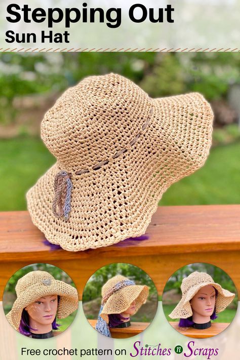 Stepping out into the summer sun? Take some shade along, with a raffia crochet sun hat. The Stepping Out sun hat is a fast and fun pattern in 3 sizes. Don't like it so floppy? The pattern includes instructions for a shorter brim if desired! #crochet #stitchesnscraps #sunhat #summer #raffia Scarf Lace, Crochet Sun, Crochet Summer Hats, Raffia Crochet, Crochet Sun Hat, Unique Yarn, French Knitting, Half Double Crochet Stitch, Crocheted Hats