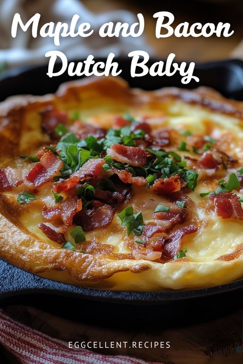 If you crave a unique and delightful breakfast, the Maple and Bacon Dutch Baby is a must-try! This fluffy, oven-baked pancake is infused with the irresistible flavors of crispy bacon and sweet maple syrup. #Maple and Bacon Dutch Baby #savory dutch baby #savory dutch baby recipe #savory dutch baby pancake #savory dutch baby bacon #savory bacon and cheese dutch baby #savory dutch baby goat cheese #easy dutch baby recipe savory #savory dutch baby pancake recipe Savory Dutch Baby Pancake, Dutch Baby Savory, Savory German Pancake, Dutch Babies Recipe, Dutch Baby Recipes, Dutch Babies, Dutch Baby Bake 12 Tomatoes, Savory Dutch Baby Recipe, Dutch Baby Pancake Savory