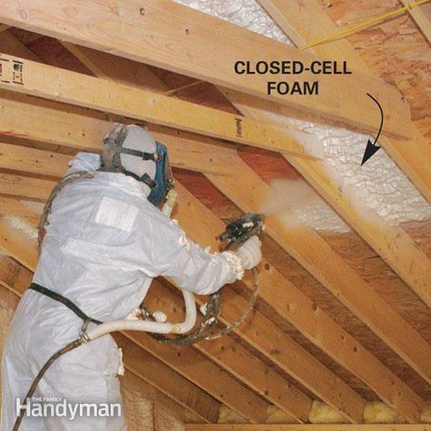 Solve moisture and rot problems in insulated cathedral ceilings with closed-cell foam insulation. It fills and seals the space and doesn't absorb moisture. Cathedral Ceiling Insulation, Insulation Ideas, Blown In Insulation, Finished Attic, Radiant Barrier, Attic Closet, Attic Playroom, Ceiling Insulation, Attic Ventilation