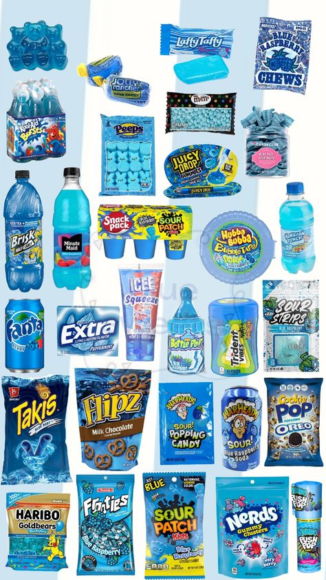 #blue #sweets #bluesweets #candy #yummy #yum #sweet #candies #snacks #bluesnacks #snack #treat Blue Talkies Chips, Color Themed Gifts Blue, Junk Food Snacks Candy, Blue Candy Basket, Snacks And Candy, Candy Lady Ideas, Snacks For Pantry, Candy Ideas For Gifts, Brown Snacks For Color Party