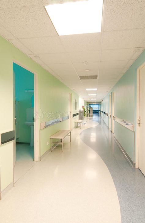 Indoor Perspective, Long Corridor, Healthcare Interior Design, Corridor Design, Hospital Door, Hospital Interior, School Interior, Hospital Room, Hospital Interior Design