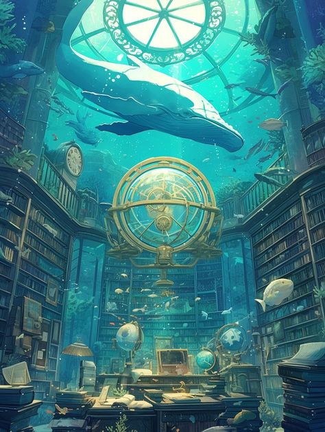 Underwater Library, Atlantis Art, Stream Background, Underwater City, Dreamy Artwork, 2160x3840 Wallpaper, Fantasy Background, Fantasy Places, Cool Wallpapers Art