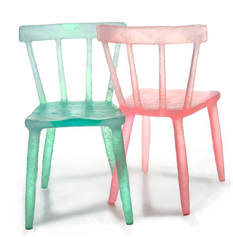 Kim Markel, who got her start working at a foundry for contemporary artists including Jeff Koons, will debut a series of translucent candy-color chairs crafted from reclaimed plastics at the Architectural Digest Design Show. Recycled Plastic Chair, Plastic Chairs, Objet Design, Plastic Furniture, Interior Design Magazine, Plastic Design, Colorful Chairs, Plastic Chair, Design Milk