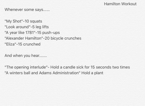 I should suggest this for gymnastics though no one would know apart for this one girl Hamilton Workout, Tv Workout Challenge, Tv Show Workouts, Tv Workout, Movie Workouts, Tv Workouts, Hamilton Jokes, Hamilton Memes, Be Good To Me