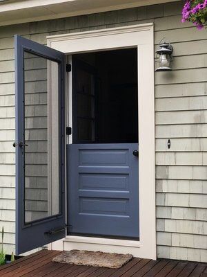 Dutch Front Door With Screen, Blue Dutch Door, Dutch Doors Exterior With Screen, Exterior Door In Bathroom, Exterior Dutch Door With Screen, Durch Doors, Back Doors Exterior, Back Door With Window, Back Door Ideas