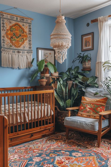 Nursery Ideas With Plants, Thrifted Nursery, Blue Nursery Ideas, Retro Baby Nursery, 70s Nursery, Hippie Nursery, Eclectic Nursery, Retro Nursery, Minimalist Theme