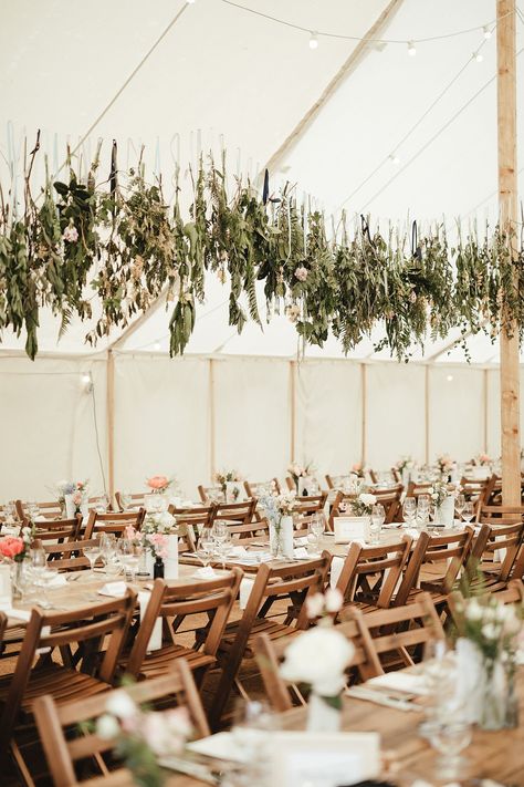 Hanging dried flowers marquee wedding decor. Matilda Delves Photography. #sassiholford Hanging Dried Flowers Wedding, Hanging Flowers At Wedding, Hanging Dried Flowers Decor Wedding, Dried Flowers At Wedding, Dried Foliage Decor, Wedding Decorations Dried Flowers, Country Flowers Wedding, Hanging Plants Wedding Decor, Hanging Flowers Wedding Decor