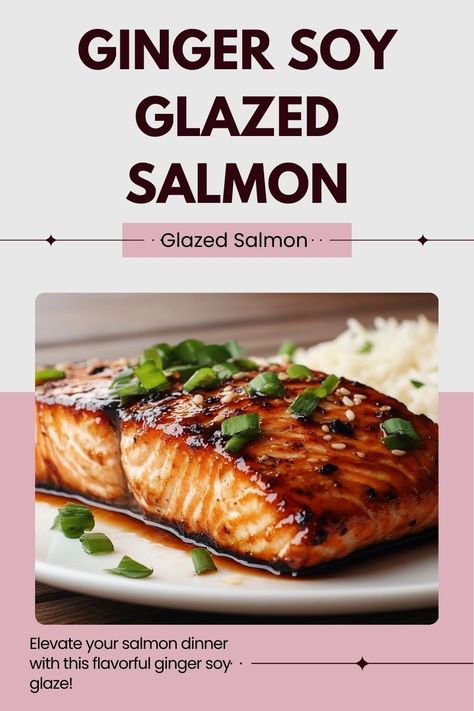 Sweet, savory, and packed with flavor, this ginger soy glazed salmon is the perfect balance of tastes! A healthy and delicious dinner option. 🥢 #GingerSoySalmon #HealthyMeals #SalmonLovers #FlavorPacked Salmon With Ginger And Garlic, Salmon Ginger Soy Honey, Soy Ginger Glaze, Ginger Salmon Recipes, Salmon Sesame, Soy Ginger Salmon, Ginger Glazed Salmon, Soy Glazed Salmon, Soy Salmon