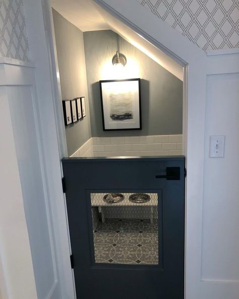 Who let the dogs 🐶 out?! We ❤️ this use of space under the stairwell🐕 Opt-in to having a dog room in your home at #SneeFarmVillage ! Click… | Instagram Under Stairs Dog Kennel Door, Under Stairs Ideas Dog Spaces, Under Staircase Nook Ideas, Dog Spaces Under Stairs, Under Stairs Closet Dog Room, Dog Kennel In Closet Ideas, Closet Dog House, Built In Dog Room, Closet To Dog Room