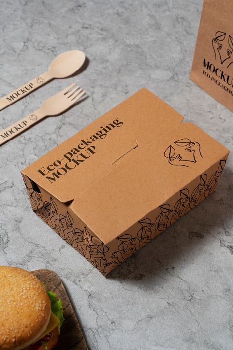 Kraft Food Packaging, Food Mockup Packaging, Eco Friendly Packaging Food, Cardboard Packaging Design, Fast Food Packaging Design, Premium Food Packaging, Eco Friendly Food Packaging, Packaging Design Food, Tapas Ideas