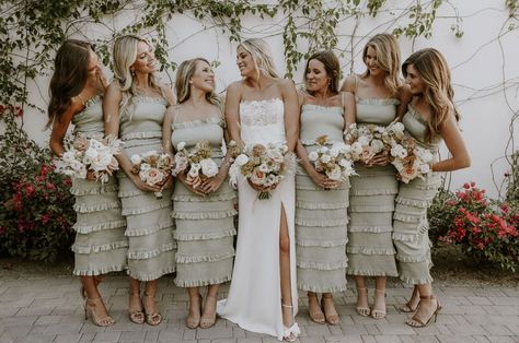 Romantic and effortless destination wedding in Mexico with ruffled bridesmaids dresses, blush florals, a stunning reception venue, disco balls, custom shot glasses and beautiful ocean views! #gws #greenweddingshoes #destinationwedding #mexico #beachwedding Pale Green Bridesmaid Dresses, Beachy Bridesmaid Dresses, Bridesmaid Dresses Navy Blue, Bridesmaid Dresses Navy, Destination Wedding In Mexico, Ruffles Bridesmaid Dresses, Dresses Navy Blue, Wedding In Mexico, Bridesmaid Style