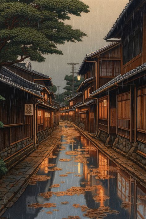 Nostalgic Summer Rain in Kyoto, Japan. Vintage Poster for Home Decor. Summer In Japan Aesthetic, Ipad Wallpaper Japan, Japan Vintage Aesthetic, Vintage Japan Aesthetic, Japan Aesthetic Drawing, Japanese Vintage Aesthetic, Kyoto Illustration, Kyoto Wallpaper, Kyoto Japan Aesthetic