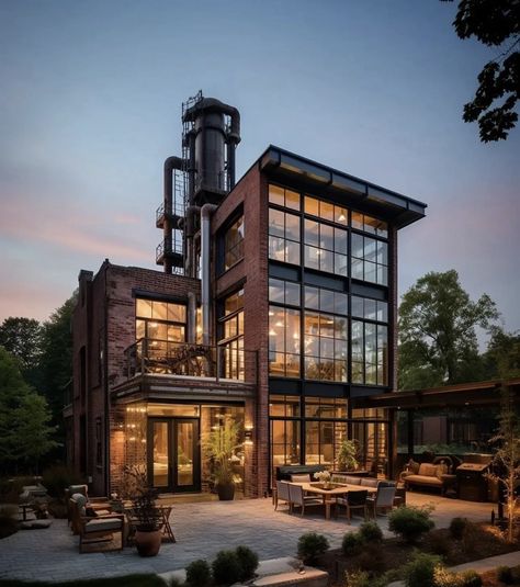 Slytherin And Gryffindor, Industrial Style House, Converted Factory, Loft Exterior, Mansion Interior Design, Factory House, Ravenclaw Slytherin, Nyc Loft, Cottage Porch