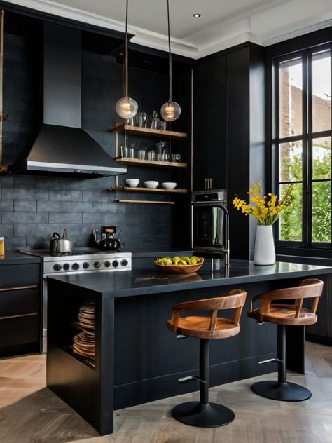 Modern Black Kitchen Ideas: 5 Design Tips You Need to Know - Homezillo Modern Masculine Kitchen, Matte Black Countertops, Contemporary Black Kitchen, Masculine Kitchen, Black Kitchen Ideas, Rustic Houses, Black Kitchen Design, Modern Black Kitchen, Kitchen 2024