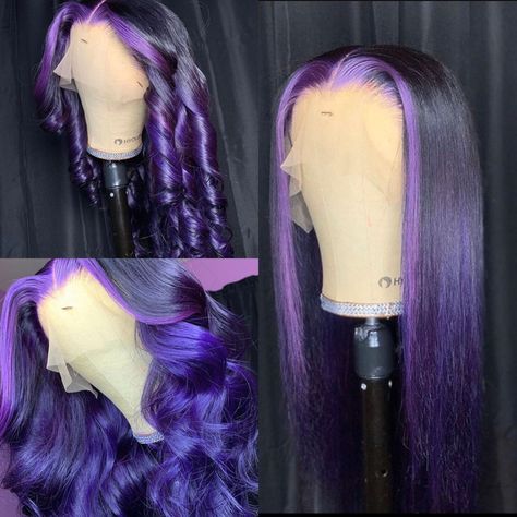 Purple Prom Hairstyles, Purple And Black Lace Front Wig, Purple Human Hair Wig, Purple Wigs On Dark Skin, Dark Purple Frontal Wig, Purple Wig Ideas, Black Wig With Purple Highlights, Purple Wig Outfit, Wig With Purple Highlights