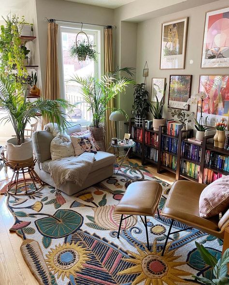 @bohome.plantry giving optimism the moment it deserves! 🤗🤩💗#jungalow Jungalow Home Office, Living Room Ideas Maximalist, Boho Maximalism Dining Room, Colorful Hygge Decor, Eclectic Therapy Office, Lush Living Room, Odd Spaces In Home, Warm Aesthetic Living Room, Renter Apartment Ideas