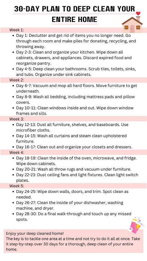 Feeling overwhelmed by the clutter and grime in your home? Embark on a 30-day journey to a sparkling, organized living space with this comprehensive deep cleaning plan! Each day, tackle a different area of your home, from decluttering the kitchen to scrubbing the bathroom tiles. Follow our easy-to-follow checklist and unlock the satisfaction of a truly clean home. Get...#to #The #a #Home #Schedule #Guide #Motivation #Inspo #Home #Cleaning #for #Creating #Guide #Ultimate #a #HomeTrends #Tidy Kitchen Cleaning Schedule, Clean Challenge, Deep Clean Checklist, Deep Cleaning House Checklist, Kitchen Cleaning Checklist, Cleaning Plan, Deep Clean Bathroom, Home Schedule, Deep Cleaning Checklist