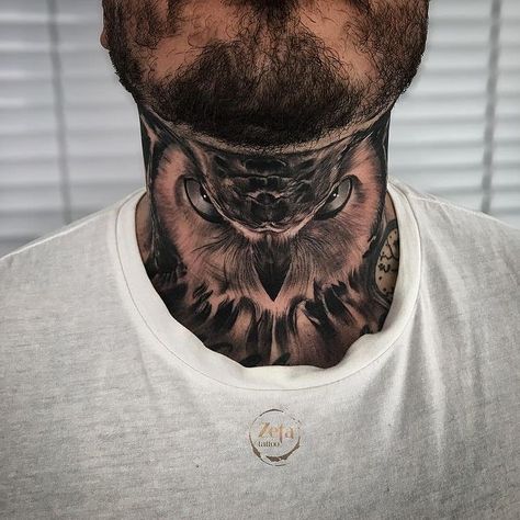 Zeta Tattoo, Owl Neck Tattoo, Mens Owl Tattoo, Hals Tattoo Mann, Full Neck Tattoos, Adler Tattoo, Best Neck Tattoos, Small Chest Tattoos, Throat Tattoo