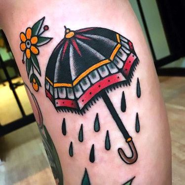 Traditional Umbrella Tattoo Idea Traditional Umbrella Tattoo, Old Style Tattoos, Traditional Umbrella, Rain Tattoo, Umbrella Tattoo, Skin Color Tattoos, Tato Tradisional, Traditional Style Tattoo, Old School Tattoo Designs