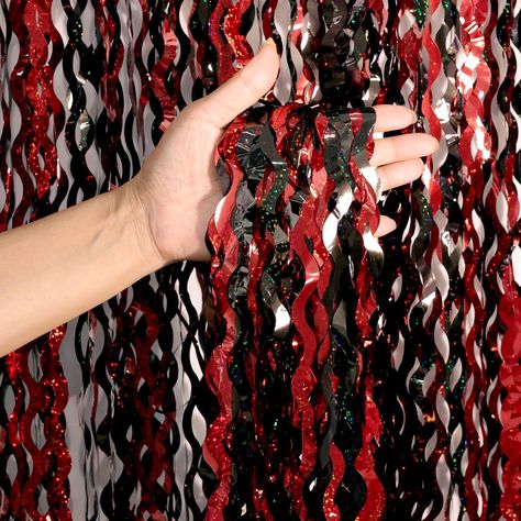 PRICES MAY VARY. LATEST Shiny Surface and Wavy Shape Tinsel Backdrop : The black and red foil curtain backdrop is made of aluminium foil with shiny surface wavy shape, good for adding sparkle as decorations for parties Packing Included : 4 packs black red tinsel foil fringe curtains party photo backdrop, Each pack curtains size is 3.3ft x 6.6ft, enough length for decorate your party Easy To Use : This red black foil backdrop comes with double sided tape on the back of them, what you need to do i Black And Red Birthday Party Decorations, Red And Black Theme Party, Red Photo Backdrop, Black And Red Party Theme, Red And Black Party Decorations, Foil Fringe Backdrop, Red Party Themes, Tinsel Backdrop, Foil Backdrop