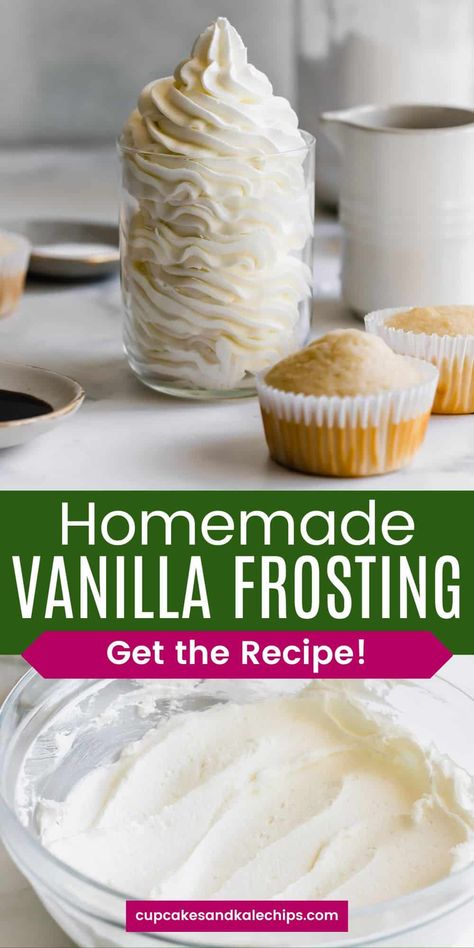 Indulge in the heavenly taste of this Easy Homemade Vanilla Frosting! Perfectly light and fluffy, it's the ultimate buttercream recipe for cakes, cupcakes, and cookies made form scratch with just a few simple ingredients. Light And Fluffy Frosting, Vanilla Frosting For Cupcakes, Recipe For Cakes, Vanilla Cake Frosting, Homemade Vanilla Frosting, Easy Vanilla Frosting, Fluffy Icing, Vanilla Frosting Recipes, Gluten Free Cupcakes Vanilla