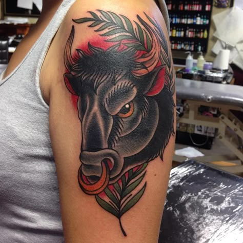 Fun bull from today. Her first tattoo. Thanks heaps!! @skinkstattoosnz Old School Bull Tattoo, Bull Tattoo Design For Men, Traditional Bull Tattoo, Nick Tattoos, Tattoo Taurus, Taurus Bull Tattoos, Tattoo Sonne, Taurus Constellation Tattoo, Bull Tattoo