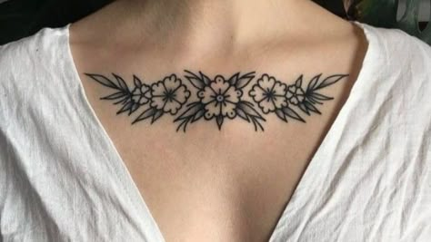 Under Collar Bone Tattoos, Chest Tattoo Flowers, Traditional Chest Tattoo, Claddagh Tattoo, Collar Tattoo, Chain Tattoo, Traditional Tattoo Flowers, Bone Tattoo, Cool Chest Tattoos