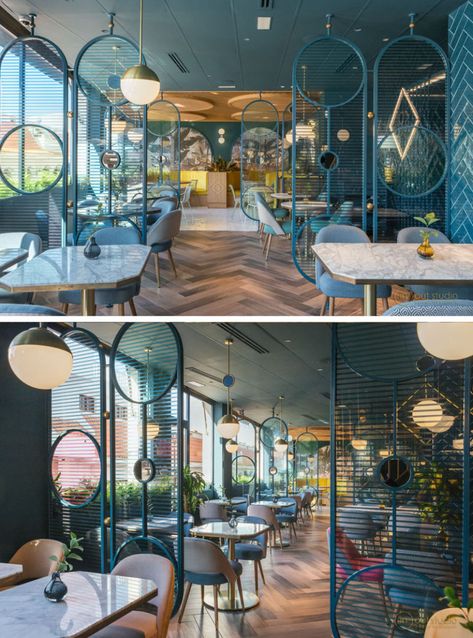 When Nayra Iglesias of In Out Studio, was asked to design the Kai La Caleta restaurant in Tenerife, she chose to use a couple of different room dividers to create separation within the restaurant. Restaurant Walls Ideas, Resturant Design, Modern Restaurant Design, Restaurant Seating, Divider Design, Bar Interior Design, Estilo Tropical, 카페 인테리어 디자인, Modern Restaurant