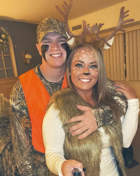 Dog Deer Costume, Doe And Buck Halloween Costume, Deer And Deer Hunter Costume, Deer For Halloween, Deer And Hunter Costume Couple, Hunter And Doe Couple Costume, Women’s Deer Costume, Doe Costume Women, Hunter Deer Couple Costume