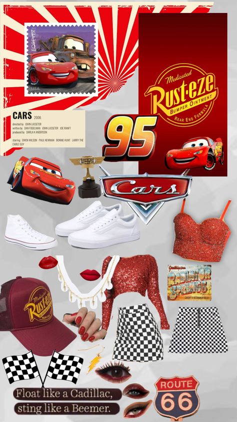 Diy Cars Halloween Costume, Disney Cars Themed Outfits, Sally And Lightning Mcqueen Costume Couple, Lightening Mcqueen Halloween Costumes, Lightening Mcqueen Costume Woman, Lighting Mcqueen Halloween Costume Women, Lighting Mcqueen Disneybound, Cars Duo Costume, Lightning Mcqueen Costume Women College