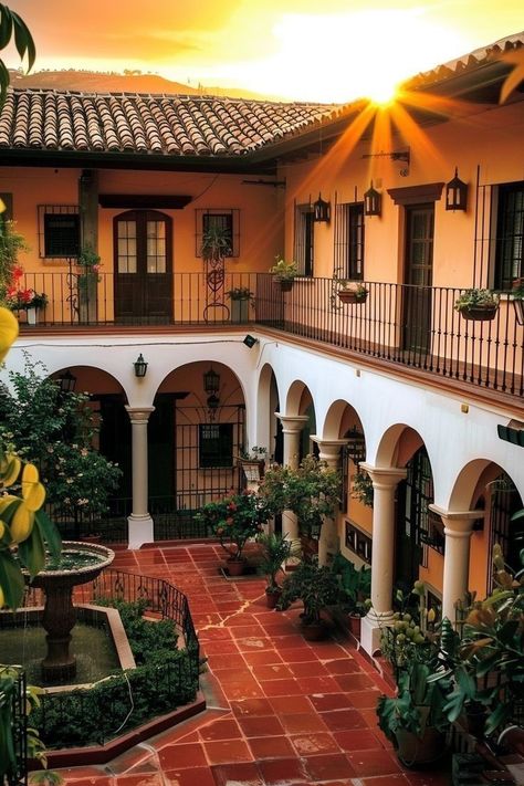 Haveli Design, Modern Spanish Revival, Mexican Courtyard, Spanish Revival Architecture, American Home Design, Spanish Courtyard, Arched Doorways, Diy Loft, Detail Arsitektur