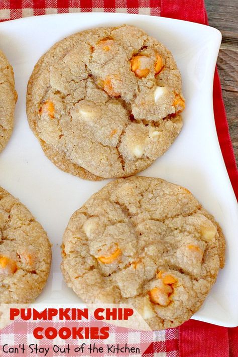 Pumpkin Chip Cookies | Can't Stay Out of the Kitchen | these heavenly #cookies use #pumpkin 'n spice chips & vanilla chips. They are absolutely divine! Perfect for #fall or #holiday baking. #dessert Pumpkin Spice Baking Chips Recipe, Pumpkin Spice Chip Cookies, Pumpkin Spice Chips Recipes, Lily's Pumpkin Spice Baking Chips Recipes, Pumpkin Chip Cookies, Heavenly Cookies, Pumpkin Chips, Pie And Chips, Pumpkin Chip