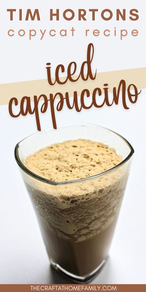 Tall glass of iced cappuccino with caption "Tim Hortons Copycat Recipe: Iced Cappuccino" Iced Capp Recipe, Iced Cappuccino Recipe, Frozen Coffee Drinks, Cappuccino Recipe, Iced Cappuccino, Cold Coffee Recipes, Frappuccino Recipe, Iced Coffee Drinks, Frozen Coffee