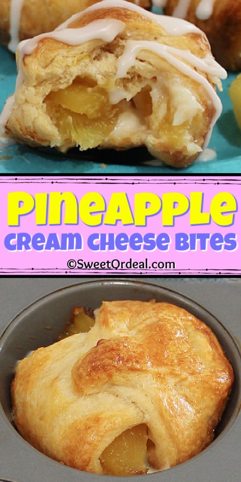 Pineapple Cream Cheese Bites: delicious layers of sweet tropical pineapple and cream cheese surrounded by a flaky crescent crust. In addition to being a scrumptious part of breakfast, they are the perfect brunch dessert for your table. Step-by-step instructions show how easy it is to fold the flaky crescent around the delicious layers. Not just for breakfast, these Bites are a wonderful snack or treat throughout your day. Pineapple And Cream Cheese, Crescent Roll Recipes Dessert, Cream Cheese Bites, Pineapple Cream Cheese, Crescent Roll Dessert, Brunch Dessert, Cream Cheese Crescent Rolls, Crescent Recipes, Brunch Desserts