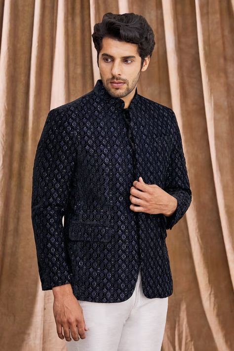 Aham-Vayam Navy Blue Floral Embellished Bandhgala Bandhgala For Men, Black Tuxedo Wedding, Man Dress Design, Virat Kohli Instagram, Formal Men Outfit, Groom Wear, Black Tuxedo, Floral Jacket, Velvet Color