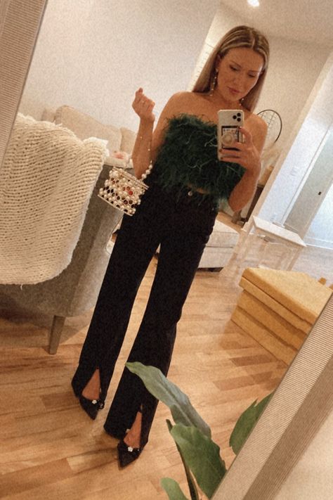 Green Feather Top Outfit, 30th Birthday Outfits, 30th Birthday Outfits For Women, 30th Birthday Outfit Ideas For Women Classy, Feather Tank Top Outfit, Winter Party Top With Feather Trim, 30th Birthday Outfit Ideas, Chic Fitted Feather Top, Feather Top Outfit