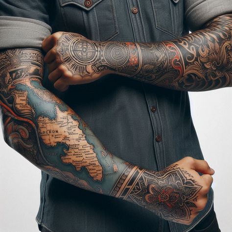 World Map Tattoo Sleeve, Tattoo Armor, The World Is Yours Tattoo, World Map Tattoo, Geometric Tattoo Leg, Meaningful Tattoos For Men, World Map Tattoos, Adventure Tattoo, Map Tattoo