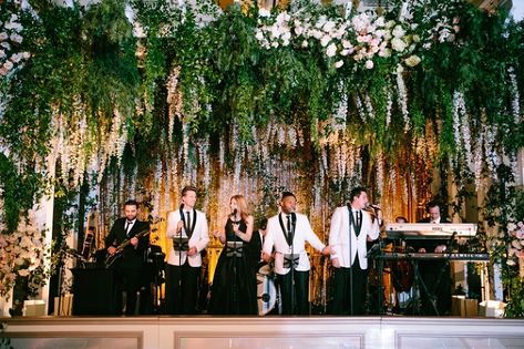 Band Stage Wedding Decor, Big Band Aesthetic, Live Band At Wedding, Gen Z Wedding Aesthetic, Wedding Band Stage Decor, Big Band Wedding, Band Stage Wedding, Wedding Band Music, Live Band Wedding