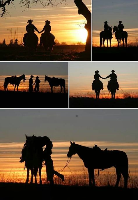 Sunset horse couple engagement photo montage, amazing!!!!!! THIS IS MY DREAM PHOTOSHOOT! Rodeo Painting, Horse Couple, Country Couple Pictures, Foto Cowgirl, Western Engagement, Cai Sălbatici, Horse Wedding, Country Couples, Wilde Westen