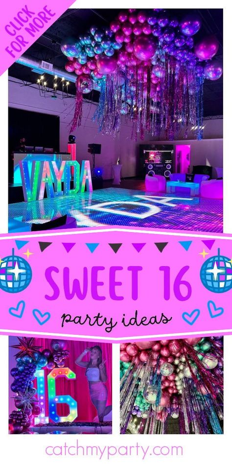 Check out this fantastic disco Sweet 16! The party decorations will blow you away! See more party ideas and share yours at CatchMyParty.com Sweet 16 Party Ideas Dance Floor, Night Club Sweet 16 Party Ideas, Sweet 16 Club Theme, Sweet Sixteen Disco Party, Sweet 16 Disco Party Ideas, Sweet 16 Dance Party Ideas, Disco Sweet 16 Party, Disco Party Activities, Disco Sweet 16