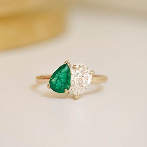 Emerald And Diamond Toi Et Moi Ring, Toi Et Moi Ring Emerald, Gems Ring, Two Stone Ring, Cute Engagement Rings, Promise Ring Gift, Pear Engagement Ring, Gem Ring, Stone Engagement Rings