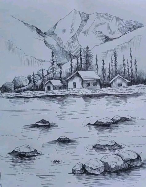 Aesthetic Landscape Sketch, Landscape Sketch Pencil Easy, Nature Sketches Pencil Inspiration, Landscape Drawings Pencil Sketches, Easy Nature Sketches, Nature Pencil Sketches, Landscape Drawings Pencil, Nature Drawings Simple Sketch, Scenery Sketch